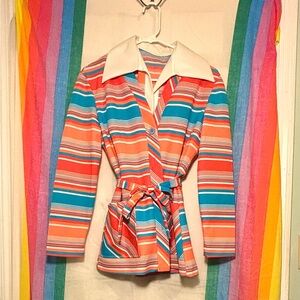 Vintage 70s Coral, Pink, and Blue Striped Blazer with Belt